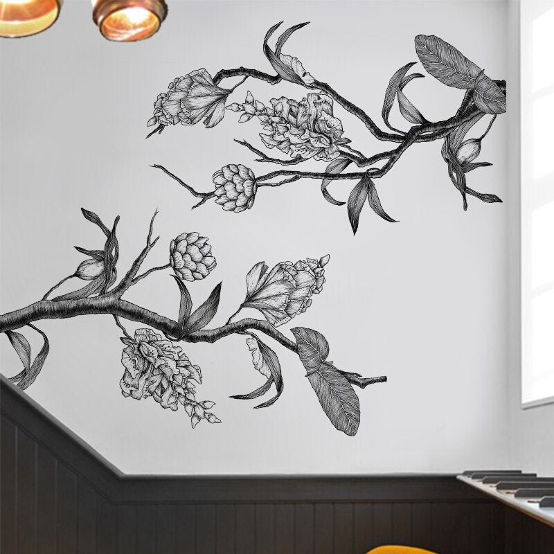 Vintage Sketch Black White Flower Wall Sticker Living Room TV Background Wall Beautiful Home Decor Poster