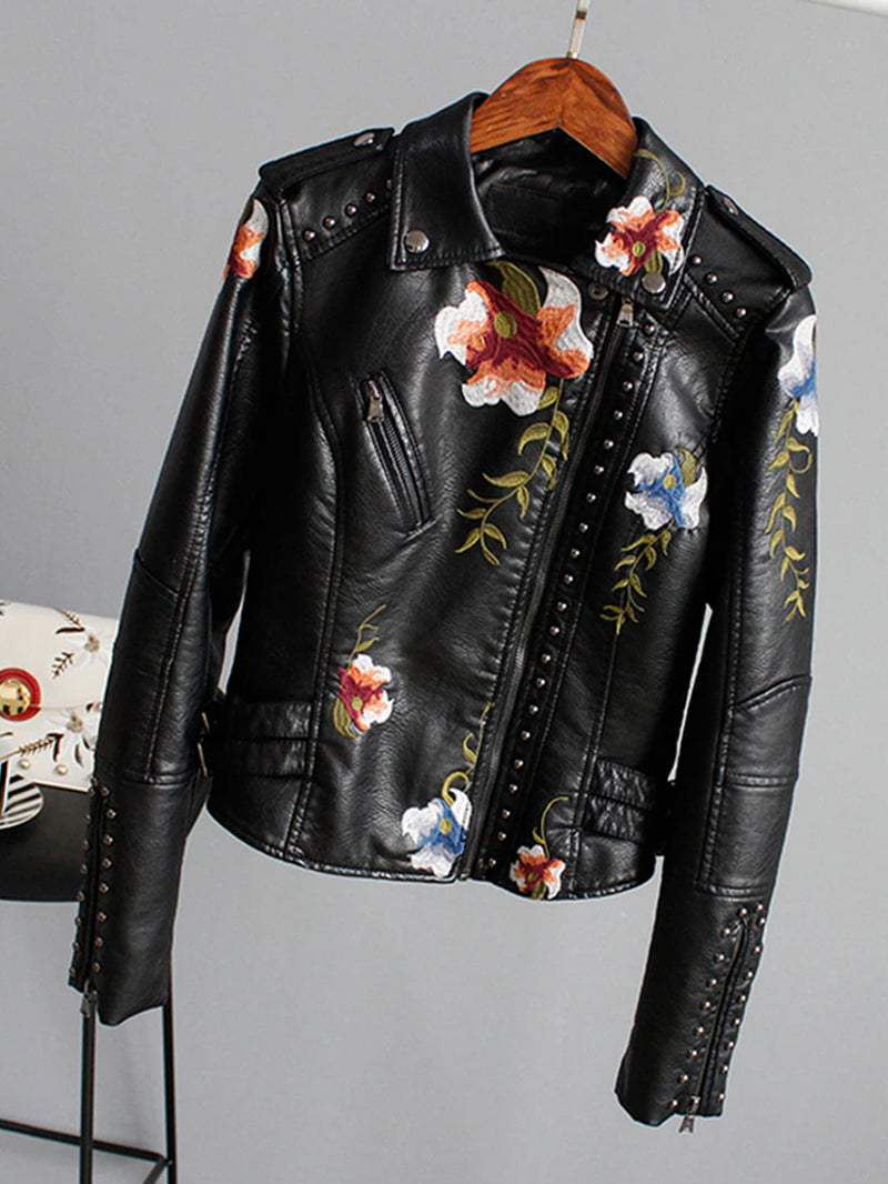 Ly Varey Lin Floral Print Embroidery Faux Soft Leather Jacket Women Pu Motorcycle Coat Female Black Punk Zipper Rivet Outerwear