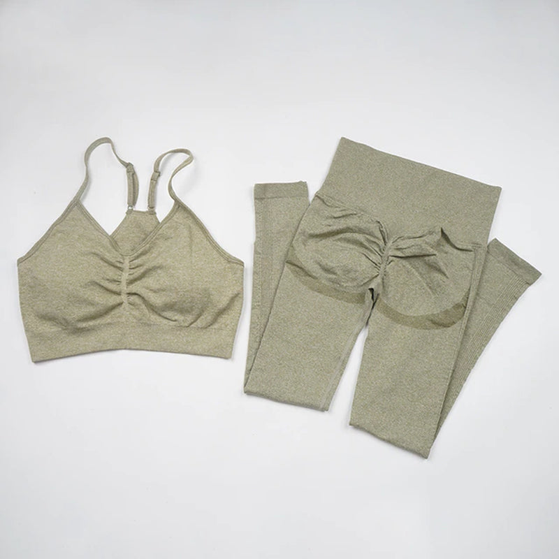 Seamless Yoga Set Women Workout Sportswear Gym Clothing Fitness Long Sleeve Crop Top High Waist Leggings+ Bra Sports Suits