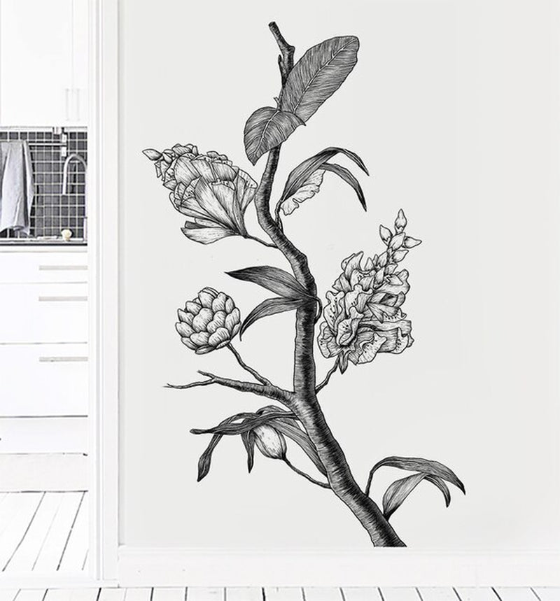 Vintage Sketch Black White Flower Wall Sticker Living Room TV Background Wall Beautiful Home Decor Poster