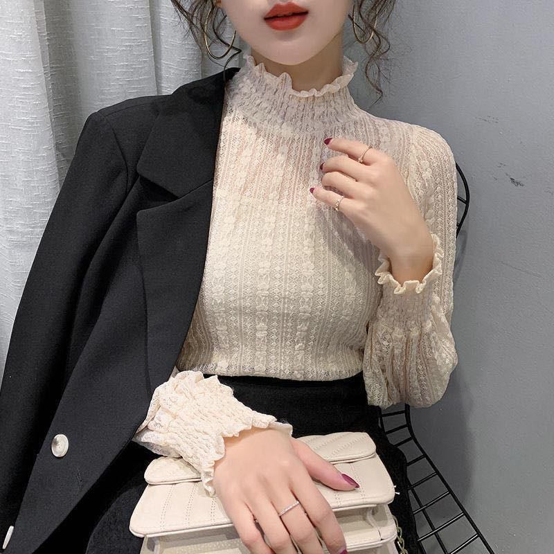 Fashion Women Lace Mesh Blouses 2022 Elegant See through Sexy Stand Collar Spring Autumn Bottoming Long Sleeve Ladies Tops
