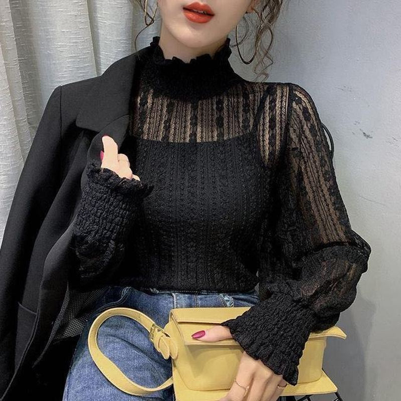 Fashion Women Lace Mesh Blouses 2022 Elegant See through Sexy Stand Collar Spring Autumn Bottoming Long Sleeve Ladies Tops