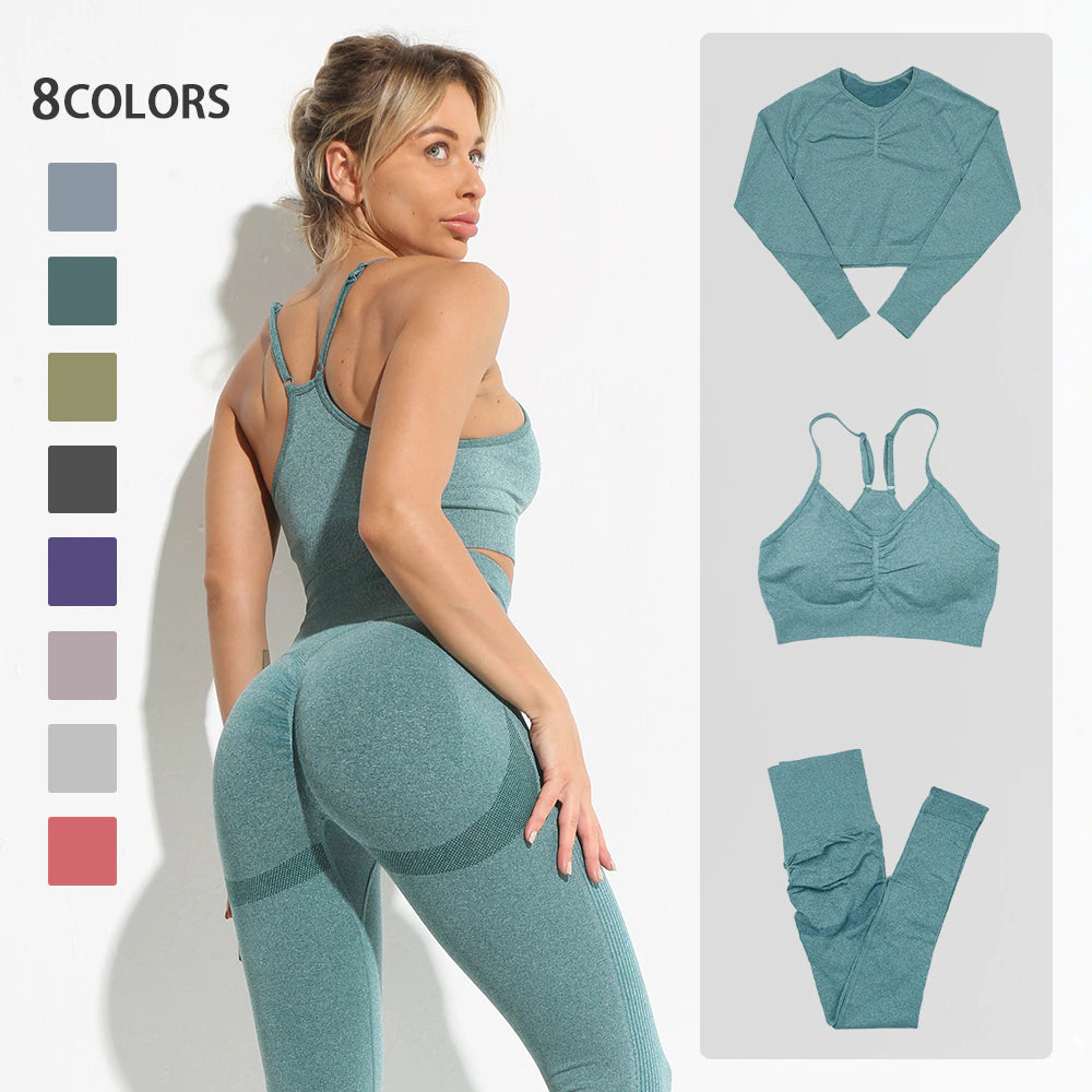 Seamless Yoga Set Women Workout Sportswear Gym Clothing Fitness Long Sleeve Crop Top High Waist Leggings+ Bra Sports Suits